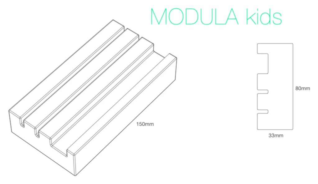 Disegno della base MODULA kids: 150 x 80 x 33 mm