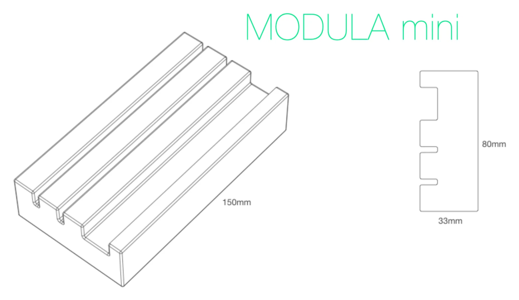 Disegno della base MODULA mini: 150 x 80 x 33 mm